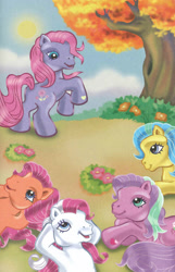 Size: 1730x2680 | Tagged: safe, artist:robbin cuddy, artist:thompson brothers, meadowbrook (g3), petal blossom (g3), sparkleworks, star swirl (g3), sweetberry, earth pony, pony, my little pony: hide-and-seek, g3, female, group, hooves behind head, mare, quintet, rearing, scan