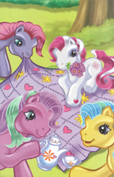 Size: 1730x2680 | Tagged: safe, artist:robbin cuddy, artist:thompson brothers, meadowbrook (g3), petal blossom (g3), star swirl (g3), sweetberry, earth pony, pony, my little pony: hide-and-seek, g3, blanket, cup, female, flower, flower in mouth, group, hoof hold, mare, mouth hold, quartet, scan, tea party, teacup, teapot