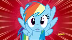 Size: 1280x720 | Tagged: safe, screencap, rainbow dash, pegasus, pony, 28 pranks later, g4, season 6, discovery family, discovery family logo, female, logo, mare, solo, spread wings, wings