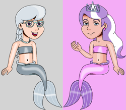 Size: 1119x976 | Tagged: safe, artist:ocean lover, diamond tiara, silver spoon, human, mermaid, g4, adorabullies, bandeau, bare shoulders, belly, belly button, blue eyes, braid, bully, child, colored background, cute, duo, duo female, ear piercing, earring, evil smile, female, fins, fish tail, glasses, gray background, grin, hair braid, human coloration, humanized, jewelry, kids, lidded eyes, light skin, looking at you, mermaid tail, mermaidized, mermay, ms paint, necklace, open mouth, pearl necklace, piercing, purple background, purple eyes, simple background, sitting, smiling, smirk, species swap, spoiled brat, tail, tiara