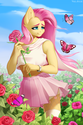 Size: 1000x1500 | Tagged: safe, artist:villjulie, fluttershy, butterfly, anthro, g4, clothes, cute, female, flower, flower field, looking away, outdoors, rose, short shirt, shyabetes, skirt, smiling, solo, turned head, windswept mane, wingless, wingless anthro, wristband