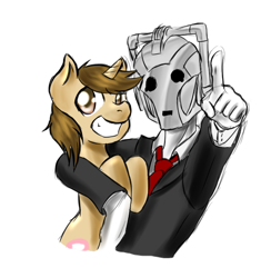 Size: 524x558 | Tagged: safe, artist:cybermananon, oc, oc only, oc:cybermananon, oc:sweet cheeks, android, cyberman, humanoid, pony, robot, unicorn, arm around neck, clothes, doctor who, duo, duo male, embrace, grin, holding a pony, horn, hug, looking at you, male, male oc, necktie, pointing, pony oc, simple background, slenderman, smiling, stallion oc, suit, unicorn oc, vghs, white background