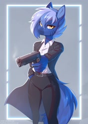 Size: 2119x3000 | Tagged: safe, artist:fensu-san, oc, oc only, oc:dark straw, zebra, anthro, 1911, anthro oc, clothes, colt 1911, gun, handgun, high res, looking at you, pistol, solo, suit, trenchcoat, weapon, zebra oc