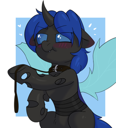 Size: 2500x2757 | Tagged: safe, artist:nevermore228, oc, oc only, oc:swift dawn, changeling, blue changeling, blushing, changeling oc, changeling wings, collar, commission, ears back, embarrassed, eye clipping through hair, eyebrows, eyebrows visible through hair, fangs, heart, high res, horn, leash, light blue background, looking away, pet play, pouting, scrunchy face, simple background, sitting, solo, white background, wings, ych result