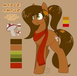 Size: 1962x1938 | Tagged: safe, artist:2k.bugbytes, oc, oc only, oc:maple amour, earth pony, pony, brown background, brown coat, brown mane, clothes, female, green eyes, leaves, leaves in hair, mare, mushroom, reference sheet, scarf, simple background, solo