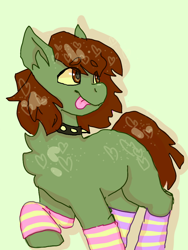 Size: 768x1024 | Tagged: safe, artist:mossybranch, derpibooru exclusive, oc, oc only, oc:mossy branch, earth pony, pony, arm warmers, chest fluff, clothes, collar, simple background, socks, solo, spiked collar, striped socks