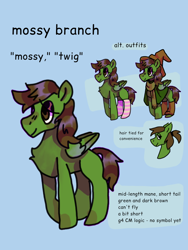 Size: 768x1024 | Tagged: safe, artist:mossybranch, derpibooru exclusive, oc, oc only, oc:mossy branch, pegasus, pony, chest fluff, clothes, coat, collar, hat, nonbinary, ponytail, reference sheet, scarf, simple background, solo, witch hat