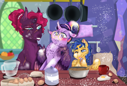 Size: 2200x1500 | Tagged: safe, artist:miyalaflordorada, flash sentry, tempest shadow, twilight sparkle, alicorn, pegasus, pony, unicorn, g4, alternate hairstyle, baking, bisexual, blushing, broken horn, chest fluff, claws, commission, egg (food), female, floppy ears, flour, flustered, food, glasses, hair bun, horn, kitchen, lesbian, male, mare, one eye closed, polyamory, round glasses, scar, ship:flashlight, ship:tempestlight, shipping, stallion, straight, tempestflashlight, tempestsentry, trio, twilight sparkle (alicorn), twilight's castle, wing claws, wings