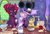 Size: 2200x1500 | Tagged: safe, artist:miyalaflordorada, fizzlepop berrytwist, flash sentry, tempest shadow, twilight sparkle, alicorn, pegasus, pony, unicorn, g4, alternate hairstyle, baking, bisexual, blushing, broken horn, chest fluff, claws, commission, egg (food), female, floppy ears, flour, flustered, food, glasses, hair bun, horn, kitchen, lesbian, male, mare, one eye closed, polyamory, round glasses, scar, ship:flashlight, ship:tempestlight, shipping, stallion, straight, tempestflashlight, tempestsentry, trio, twilight sparkle (alicorn), twilight's castle, wing claws, wings