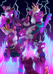 Size: 1433x2000 | Tagged: safe, artist:javierespi2003, opaline arcana, sunny starscout, alicorn, pony, g5, my little pony: tell your tale, opaline alone, spoiler:g5, spoiler:my little pony: tell your tale, spoiler:tyts01e50, clothes, collar, crown, dress, evil grin, female, fire, grin, hat, jewelry, lightning, mane stripe sunny, mare, open mouth, open smile, regalia, sharp teeth, shoulder pads, smiling, sunglasses, teeth, toy, wing ears, wings