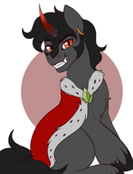 Size: 729x950 | Tagged: safe, artist:lulubell, king sombra, pony, unicorn, g4, alternate hairstyle, brooch, cape, clothes, ear piercing, earring, evil smile, grin, jewelry, male, piercing, robe, smiling, sombra's cape, sombra's robe, stallion