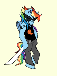 Size: 768x1024 | Tagged: safe, derpibooru exclusive, rainbow dash, pegasus, semi-anthro, g4, arm hooves, clothes, dirk strider, female, homestuck, hoof hold, katana, mare, multicolored hair, pants, rainbow hair, shirt, simple background, sword, weapon