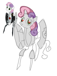 Size: 768x1024 | Tagged: safe, artist:mossybranch, derpibooru exclusive, sweetie belle, object pony, original species, pony, robot, unicorn, g4, crossover, not salmon, ponified, portal (valve), sentry turret, simple background, sketch, solo, sweetie bot, turret, wat, white background