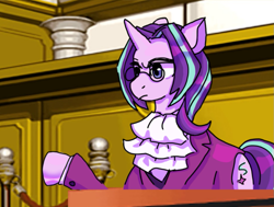 Size: 961x726 | Tagged: safe, artist:mossybranch, derpibooru exclusive, starlight glimmer, pony, unicorn, g4, ace attorney, alternate hairstyle, clothes, courtroom, frock coat, glasses, jabot, miles edgeworth, prosecutor, round glasses, solo, suit, two toned mane