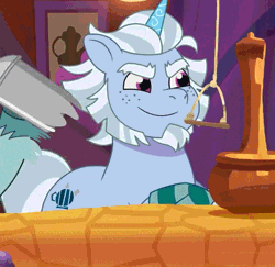 Size: 740x720 | Tagged: safe, screencap, alphabittle blossomforth, rufus, pony, unicorn, g5, my little pony: tell your tale, one trick pony (episode), spoiler:g5, spoiler:my little pony: tell your tale, spoiler:tyts01e20, alphabetes, animated, blinking, butt shake, cleaning, cocktail shaker, counter, cropped, crystal tea room, cute, freckles, gif, male, shaking, smiling, solo focus, stallion, vibing, youtube link