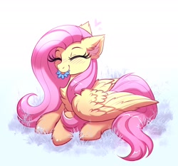 Size: 2048x1908 | Tagged: safe, artist:confetticakez, fluttershy, pegasus, pony, g4, blushing, chest fluff, colored pinnae, cute, daaaaaaaaaaaw, ear fluff, eating, eating flower, eyes closed, female, floating heart, flower, folded wings, heart, herbivore, hoof fluff, horses doing horse things, lying down, mare, mouth hold, prone, pumkinroll is trying to murder us, shyabetes, simple background, solo, sweet dreams fuel, three quarter view, weapons-grade cute, white background, wings