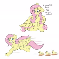 Size: 2048x2048 | Tagged: safe, artist:confetticakez, fluttershy, bird, duck, pegasus, pony, g4, blushing, chest fluff, critter magnet, cute, duckling, female, floppy ears, fluttermom, gritted teeth, high res, mare, running, shyabetes, simple background, spread wings, teeth, wheel o feet, white background, wings