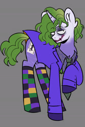 Size: 1276x1914 | Tagged: safe, artist:k0br4, pony, unicorn, batman, clothes, clown, curly hair, dc comics, gray background, makeup, male, ponified, scar, simple background, socks, solo, striped socks, the dark knight, the joker