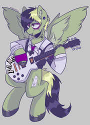 Size: 1800x2500 | Tagged: safe, artist:k0br4, pegasus, pony, clothes, electric guitar, emo, flying, frank iero, guitar, hoof polish, jewelry, les paul, makeup, musical instrument, my chemical romance, piercing, ponified, simple background, smiling, solo, tail, tattoo, three cheers for sweet revenge, two toned mane, two toned tail, wings