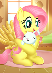 Size: 2480x3508 | Tagged: safe, artist:leonkay, angel bunny, fluttershy, pegasus, pony, rabbit, g4, animal, cute, duo, duo male and female, eyes closed, female, fluttershy's cottage (interior), high res, hug, indoors, looking at someone, male, mare, open mouth, open smile, shyabetes, sitting, smiling, spread wings, wings