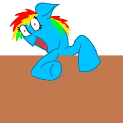 Size: 1280x1280 | Tagged: safe, artist:dhoniredfire, rainbow dash, pegasus, pony, g4, 1000 hours in ms paint, laughing, open mouth, satire, solo, stylistic suck, table