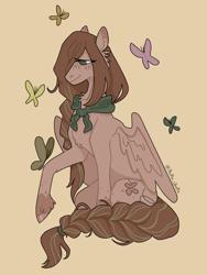 Size: 752x1000 | Tagged: safe, artist:cirsium, oc, oc only, oc:butterfly (slasher_wife), butterfly, pegasus, pony, braid, brown mane, brown tail, markings, simple background, sitting, smiling, solo, tail