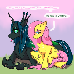 Size: 1280x1280 | Tagged: safe, artist:mossybranch, fluttershy, queen chrysalis, changeling, changeling queen, pegasus, pony, g4, chrysashy, duo, duo female, female, heart, heart eyes, leaning, lesbian, lying down, prone, shipping, shy, text, tongue out, wingding eyes