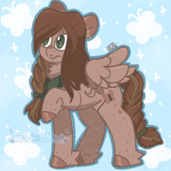 Size: 1000x1000 | Tagged: safe, artist:sm0l_b0i_kevin, oc, oc only, oc:butterfly (slasher_wife), butterfly, pegasus, pony, abstract background, blue background, brown mane, green eyes, raised hoof, simple background, solo, wings