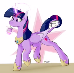 Size: 3680x3640 | Tagged: safe, artist:renderpoint, twilight sparkle, alicorn, pony, g4, alternate design, book, colored, colored wings, concave belly, cup, curved horn, cute, date (time), drink, drinking, female, folded wings, glowing, glowing horn, high res, hoof shoes, horn, leonine tail, looking forward, magic, mare, peytral, prehensile tail, princess shoes, raised hoof, raised leg, shading, signature, slender, solo, straw, tail, tail hold, telekinesis, thin, twiabetes, twilight sparkle (alicorn), two toned wings, wings