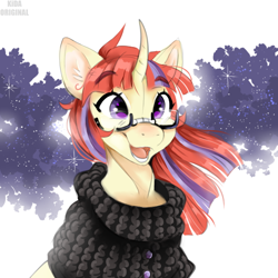Size: 552x552 | Tagged: safe, artist:kidaoriginal, moondancer, pony, unicorn, g4, adorkable, bust, clothes, curved horn, cute, dancerbetes, dork, ear fluff, female, glasses, horn, mare, open mouth, open smile, portrait, simple background, smiling, solo, sternocleidomastoid, sweater, taped glasses, three quarter view, white background