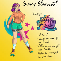 Size: 1080x1080 | Tagged: safe, artist:jackudoggy, sunny starscout, human, g5, my little pony: a new generation, breasts, busty sunny starscout, clothes, female, gradient background, headcanon, humanized, mane stripe sunny, roller skates, shorts, skates, solo, sweatshirt