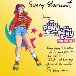 Size: 1080x1080 | Tagged: safe, alternate version, artist:jackudoggy, sunny starscout, human, g5, my little pony: make your mark, my little pony: tell your tale, breasts, busty sunny starscout, clothes, denim, denim shorts, female, generation leap, gradient background, headcanon, humanized, mane stripe sunny, roller skates, shorts, skates, solo