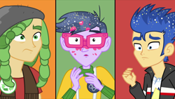 Size: 1280x720 | Tagged: safe, screencap, flash sentry, micro chips, sandalwood, human, a banner day, equestria girls, g4, glitter, male, paint, split screen, three sides