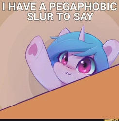Size: 1054x1074 | Tagged: safe, artist:rainsketch, edit, izzy moonbow, pony, unicorn, g5, :3, better source needed, caption, dissonant caption, female, hoof heart, horn, ifunny, ifunny watermark, image macro, imminent racism, mare, meme, pegaphobia, ponified meme, pony racism, racism, raised hoof, solo, table, text, underhoof