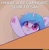 Size: 1054x1074 | Tagged: safe, artist:rainsketch, edit, izzy moonbow, pony, unicorn, g5, :3, better source needed, caption, dissonant caption, female, hoof heart, horn, ifunny, ifunny watermark, image macro, imminent racism, mare, meme, pegaphobia, ponified meme, pony racism, racism, raised hoof, solo, table, text, underhoof