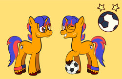 Size: 1920x1247 | Tagged: safe, artist:alexdti, oc, oc only, oc:eden doublestars, pony, unicorn, ball, male, one eye closed, orange background, simple background, solo, stallion, wink