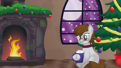 Size: 1920x1081 | Tagged: safe, artist:alexdti, oc, oc only, earth pony, pony, christmas, christmas tree, female, fire, fireplace, food, glasses, holiday, mare, marshmallow, moon, snow, snowfall, solo, tree, window