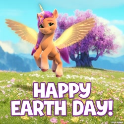 Size: 1080x1080 | Tagged: safe, screencap, sunny starscout, alicorn, pony, g5, my little pony: a new generation, my little pony: make your mark, official, cloud, earth day, female, flying, looking at you, mane stripe sunny, mare, race swap, sky, smiling, smiling at you, solo, spread wings, sunnycorn, text, wings