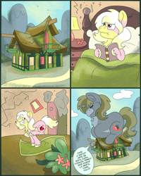 Size: 2000x2500 | Tagged: safe, artist:euspuche, oc, oc:alabaster, oc:carmen garcía, earth pony, pony, unicorn, bed, bedroom, destruction, earth pony oc, female, flower, high res, horn, house, lily (flower), male, mare, reading, running, spanish text, stallion, unicorn oc