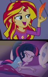 Size: 1080x1715 | Tagged: safe, artist:weyantonio26, edit, edited screencap, screencap, sci-twi, sunset shimmer, twilight sparkle, human, equestria girls, g4, my little pony equestria girls: legend of everfree, bed, clothes, eyes closed, feather, fetish, giggling, laughing, open mouth, pajamas, smiling, tickle fetish, tickle torture, tickling