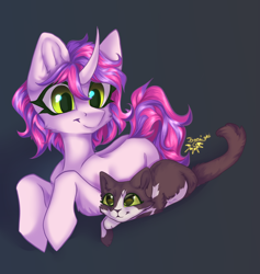 Size: 3018x3181 | Tagged: safe, artist:jsunlight, oc, oc only, cat, pony, unicorn, curved horn, gradient background, high res, horn, lying down, prone, smiling, solo