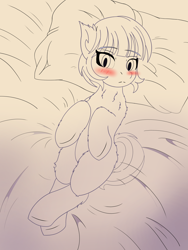 Size: 3350x4450 | Tagged: safe, artist:tonguetiedpony, oc, oc only, oc:courtney, akaname, monster pony, original species, pony, youkai, bed, bedroom, blushing, female, fluffy, imminent sex, looking at you, lying down, mare, outline, shy, sketch, solo, surprised