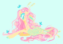 Size: 1280x898 | Tagged: safe, artist:webkinzworldz, fluttershy, butterfly, pegasus, pony, g4, alternate design, antenna, antennae, blue background, colored hooves, eyeshadow, female, flower, flower in hair, flower in tail, folded wings, light blue background, looking at something, looking up, lying down, makeup, prone, simple background, solo, tail, wings