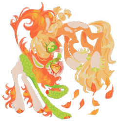 Size: 1280x1314 | Tagged: safe, artist:peaceandlove26, applejack, autumn blaze, earth pony, kirin, pony, g4, alternate design, blushing, body markings, braid, coat markings, colored eyelashes, colored hooves, colored sclera, cute, cute little fangs, duo, fangs, female, golden eyes, green eyes, leaves, leonine tail, lesbian, looking at each other, looking at someone, missing accessory, open mouth, scales, ship:autumnjack, shipping, simple background, slit pupils, smiling, socks (coat markings), tail, transparent background, unshorn fetlocks, yellow eyes