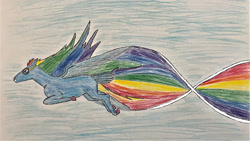 Size: 3134x1763 | Tagged: safe, artist:peacepetal, rainbow dash, pegasus, pony, g4, contrail, female, flying, goggles, hoers, large wings, mare, rainbow trail, rectangular pupil, sky, smiling, solo, spinning, spread wings, tail, tail feathers, traditional art, wings