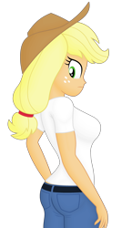 Size: 2163x3742 | Tagged: safe, artist:ah96, editor:ah96, applejack, human, equestria girls, g4, applejack's hat, blue jeans, breasts, busty applejack, clothes, cowboy hat, female, freckles, frown, hat, high res, legitimately amazing mspaint, looking at you, looking back, looking back at you, ms paint, pants, shading, simple background, solo, three quarter view, transparent background