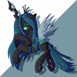 Size: 3000x3000 | Tagged: safe, artist:edgyanimator, derpibooru exclusive, part of a set, queen chrysalis, changeling, changeling queen, g4, >:d, black coat, cel shading, chibi, colored lineart, crown, digital art, drop shadow, ears back, evil, evil smile, evil smirk, eyebrows, eyebrows down, eyelashes, eyeshadow, fangs, female, firealpaca, floppy ears, full body, green background, green eyes, green eyeshadow, green hair, green mane, green tail, grin, hair, high res, highlights, holes, horn, insect wings, jewelry, long hair, long legs, long tail, looking sideways, looking to the right, makeup, mare, open mouth, open smile, profile, quadrupedal, queen, raised hoof, raised hooves, regalia, shading, shadow, sharp teeth, sideview, signature, simple background, simple shading, smiling, solo, spread wings, tail, teeth, wall of tags, wings