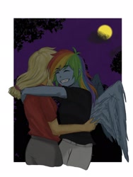 Size: 1536x2048 | Tagged: safe, artist:mintkw, applejack, rainbow dash, human, g4, duo, female, hug, humanized, lesbian, moon, night, ship:appledash, shipping, winged humanization, wings