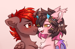 Size: 2655x1719 | Tagged: safe, artist:konejo, oc, oc only, oc:hardy, oc:key mash, alicorn, bat pony, pony, blushing, boop, chest fluff, ear fluff, female, looking at each other, looking at someone, male, mare, noseboop, oc x oc, shipping, smiling, stallion, straight