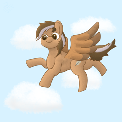 Size: 2048x2048 | Tagged: safe, artist:zugatti69, oc, oc only, pegasus, pony, blue background, brown eyes, brown hair, brown mane, colored wings, concave belly, flying, high res, signature, simple background, smiling, solo, two toned mane, two toned wings, wings